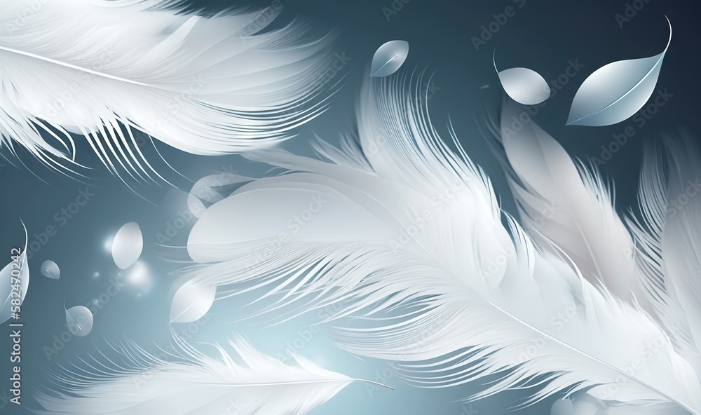 Poster a close up of a white feather on a blue background with drops of water on the feathers and drops of 