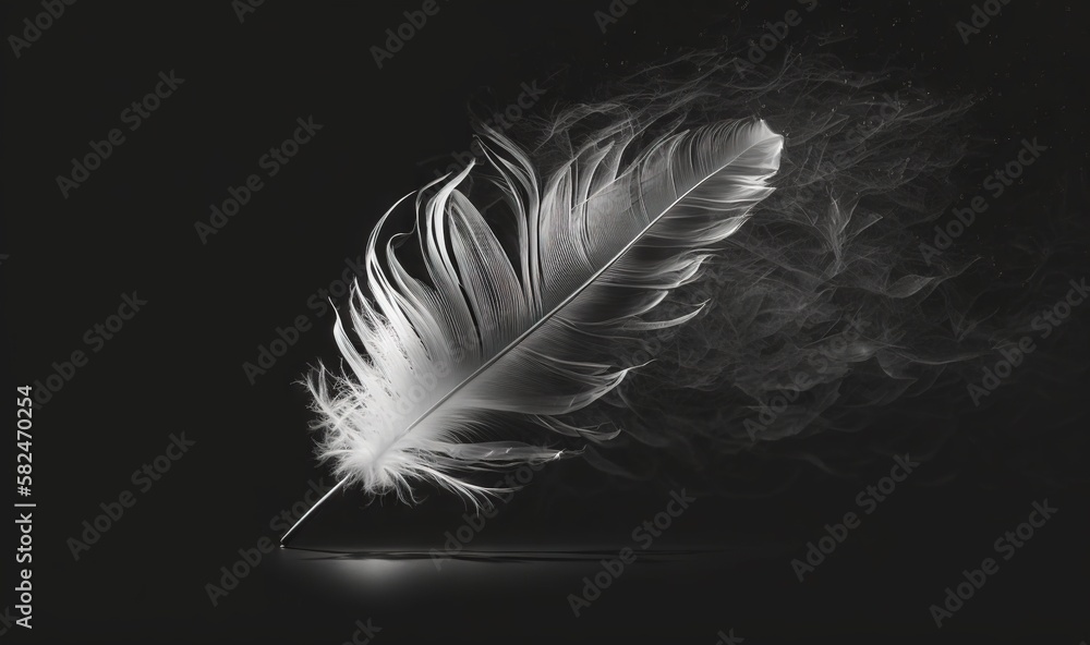 Poster a white feather on a black background with a light shining on it's side and a black background with 