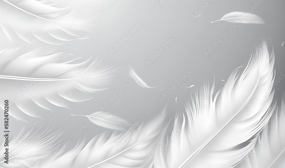 Poster a white background with a lot of white feathers on the bottom of it and a gray background with a lot