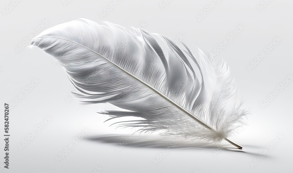 Poster a white feather on a white background with a shadow on the floor and a shadow on the wall behind it 