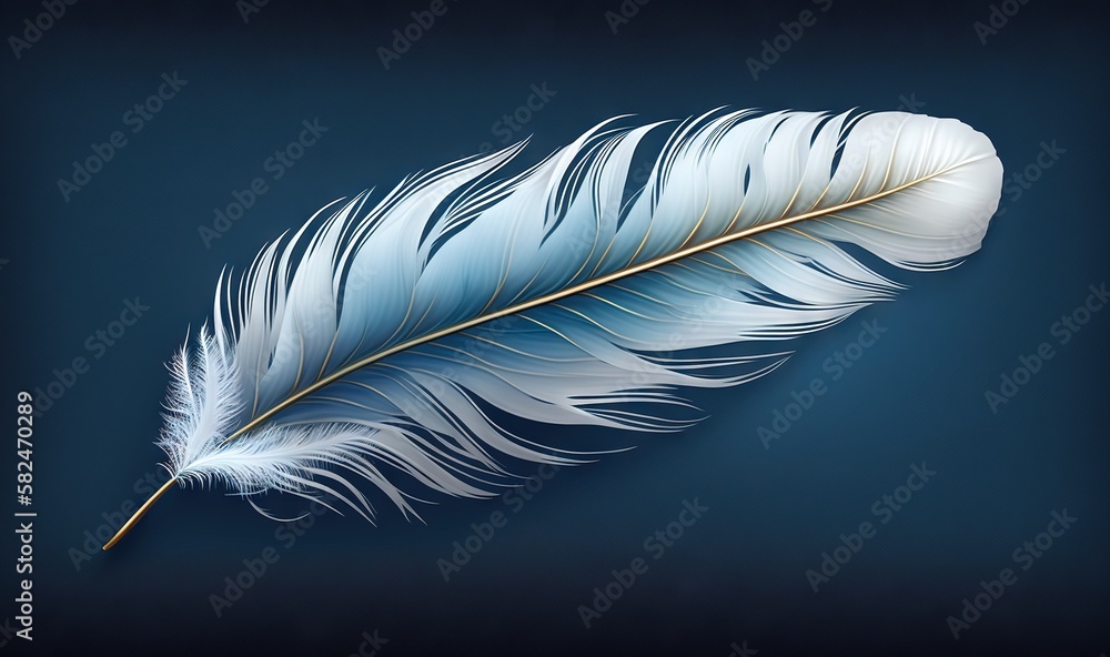 Poster a white feather on a blue background with a gold tip and a black background with a blue background a