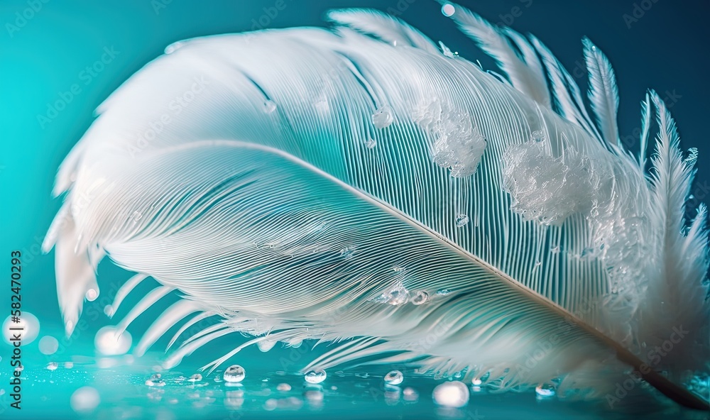 Poster a white feather with drops of water on a blue background with a drop of water on the bottom of the f