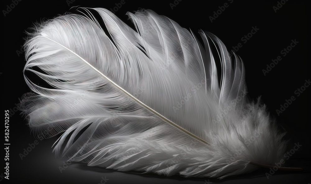 Poster a white feather on a black background with a reflection of the feather on the left side of the image