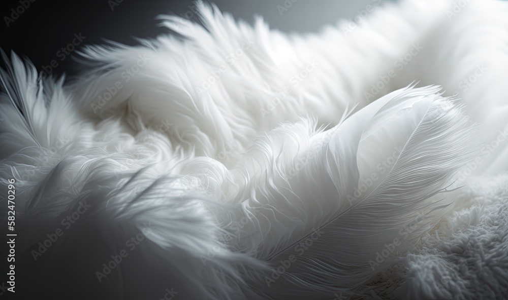 Poster  a close up of a white feather on a black background with a blurry image of the feathers and the background of the feathers is black and white.  generative ai