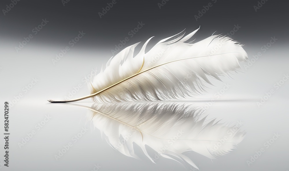 Poster a white feather resting on the surface of a reflective surface with a reflection of the feather on t