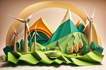 Paper art , renewable energy with green energy as wind turbines Generate Ai