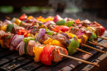 A grill with meat and vegetables on it. Generative ai