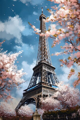 beautiful and photorealistic paining of the majestic Eiffel Tower in Paris in spring summer when the flowers have bloomed and with almost clear sky and small clouds