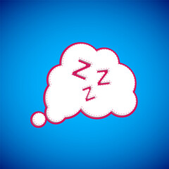 White Sleepy icon isolated on blue background. Sleepy zzz talk bubble. Vector