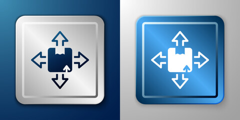 White Carton cardboard box icon isolated on blue and grey background. Box, package, parcel sign. Delivery and packaging. Silver and blue square button. Vector