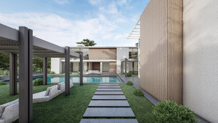 Fototapeta na wymiar Architecture 3d rendering illustration of modern minimal house with natural landscape and walkway 