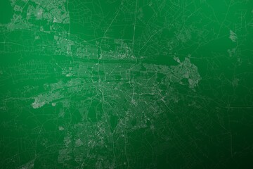 Map of the streets of Pretoria (South Africa) made with white lines on abstract green background lit by two lights. Top view. 3d render, illustration