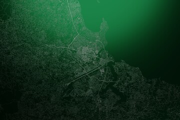 Street map of Dar Es Salaam (Tanzania) engraved on green metal background. Light is coming from top. 3d render, illustration - obrazy, fototapety, plakaty