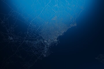 Street map of Sfax (Tunisia) engraved on blue metal background. View with light coming from top. 3d render, illustration
