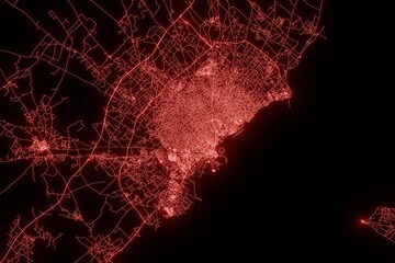 Street map of Sfax (Tunisia) made with red illumination and glow effect. Top view on roads network. 3d render, illustration