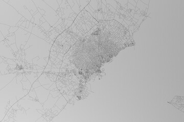 Map of the streets of Sfax (Tunisia) made with black lines on grey paper. Top view. 3d render, illustration