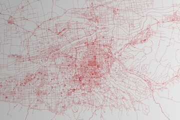 Obraz premium Map of the streets of Xian (China) made with red lines on white paper. 3d render, illustration