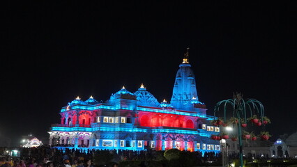 beautiful blue pink light glowing image of prem mandir