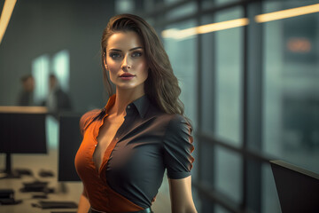 Beautiful young sexy secretary woman wearing tight unbuttoned blouse. Office blurred background - obrazy, fototapety, plakaty