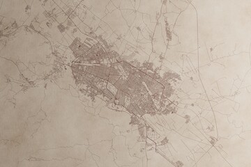 Map of Mashhad (Iran) on an old vintage sheet of paper. Retro style grunge paper with light coming from right. 3d render