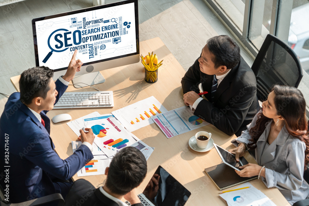 Poster seo search engine optimization for modish e-commerce and online retail business showing on computer 