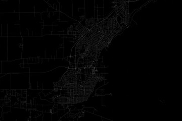 Stylized map of the streets of Thunder Bay (Canada) made with white lines on black background. Top view. 3d render, illustration