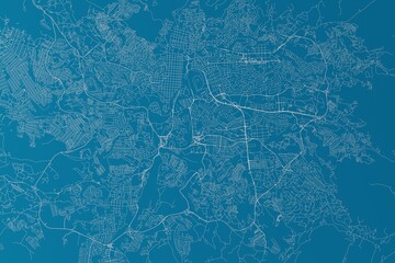 Map of the streets of Tegucigalpa (Honduras) made with white lines on blue background. 3d render, illustration