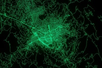 Map of the streets of Tirana (Albania) made with green illumination and glow effect. Top view on roads network. 3d render, illustration