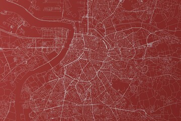 Map of the streets of Antwerp (Belgium) made with white lines on red background. Top view. 3d render, illustration
