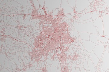 Map of the streets of Nicosia (Cyprus) made with red lines on white paper. 3d render, illustration