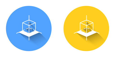 White 3d modeling icon isolated with long shadow background. Augmented reality or virtual reality. Circle button. Vector