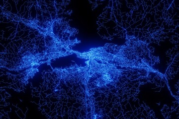 Street map of Tampere (Finland) made with blue illumination and glow effect. Top view on roads network