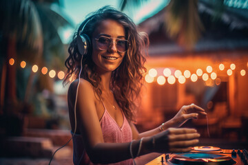 Attractive DJ girl at the  hot dance beach party. DJ console turntable, headphones. Evening sunset light. Palm trees on background. Hot summer vacation nightlife.	
