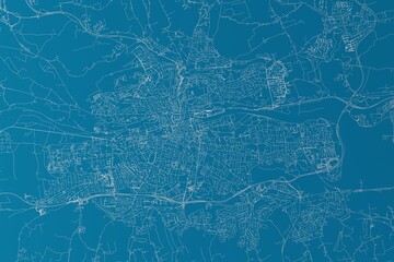 Map of the streets of Cork (Ireland) made with white lines on blue background. 3d render, illustration
