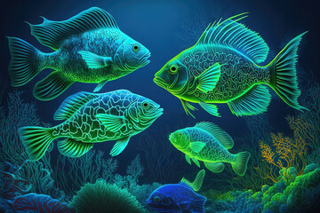 Fototapeta premium Fish background in blue and green neon colors. Shoal of fish pattern