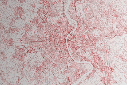 Map of the streets of Cologne (Germany) made with red lines on white paper. 3d render, illustration