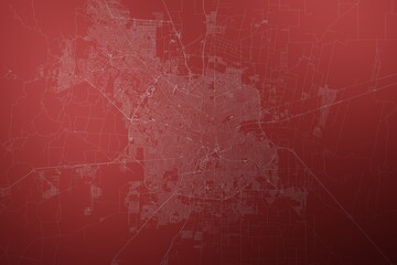 Map of the streets of Cordoba (Argentina) made with white lines on abstract red background lit by two lights. Top view. 3d render, illustration