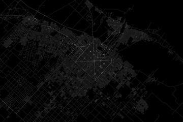 Stylized map of the streets of La Plata (Argentina) made with white lines on black background. Top view. 3d render, illustration