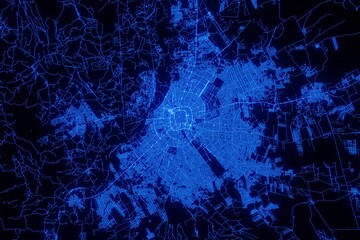 Street map of Santa Cruz De La Sierra (Bolivia) made with blue illumination and glow effect. Top view on roads network