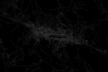 Stylized map of the streets of Cusco (Peru) made with white lines on black background. Top view. 3d render, illustration