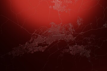 Street map of Barquisimeto (Venezuela) engraved on red metal background. Light is coming from top. 3d render, illustration
