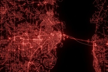 Street map of Mobile (Alabama, USA) made with red illumination and glow effect. Top view on roads network. 3d render, illustration