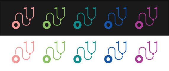 Set Stethoscope medical instrument icon isolated on black and white background. Vector