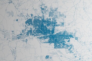 Map of the streets of Phoenix (Arizona, USA) made with blue lines on white paper. 3d render, illustration