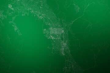 Map of the streets of Provo (Utah, USA) made with white lines on abstract green background lit by two lights. Top view. 3d render, illustration