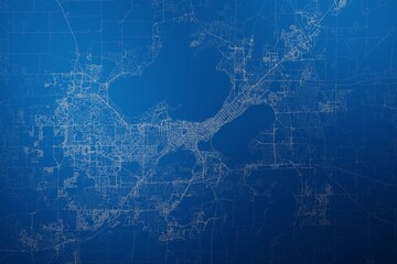 Stylized map of the streets of Madison (Wisconsin, USA) made with white lines on abstract blue background lit by two lights. Top view. 3d render, illustration