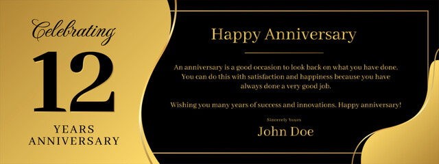 12 years anniversary, a banner speech anniversary template with a gold background combination of black and text that can be replaced