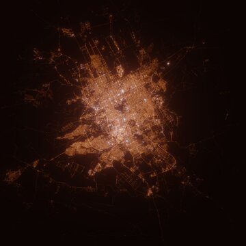 Riyadh (Saudi Arabia) street lights map. Satellite view on modern city at night. Imitation of aerial view on roads network. 3d render