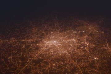 Aerial shot of Greensboro (North Carolina, USA) at night, view from north. Imitation of satellite view on modern city with street lights and glow effect. 3d render