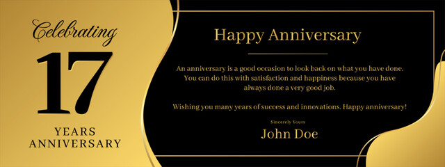 17 years anniversary, a banner speech anniversary template with a gold background combination of black and text that can be replaced